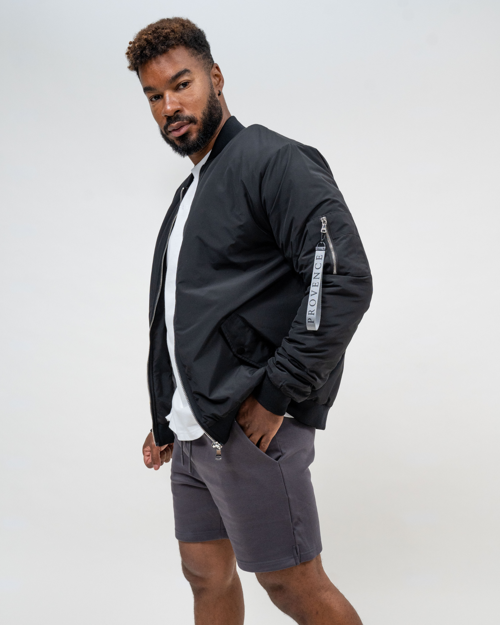 Shorts and cheap bomber jacket